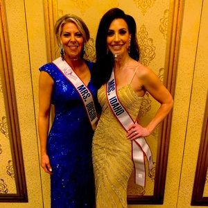 Beautiful blue sequined Mac Duggal gown. Gorgeous cut outs in back!